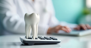 Tooth model and calculator in foreground, medical professional blurred in background