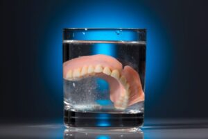 Dentures in glass of water with cleaning tablet 
